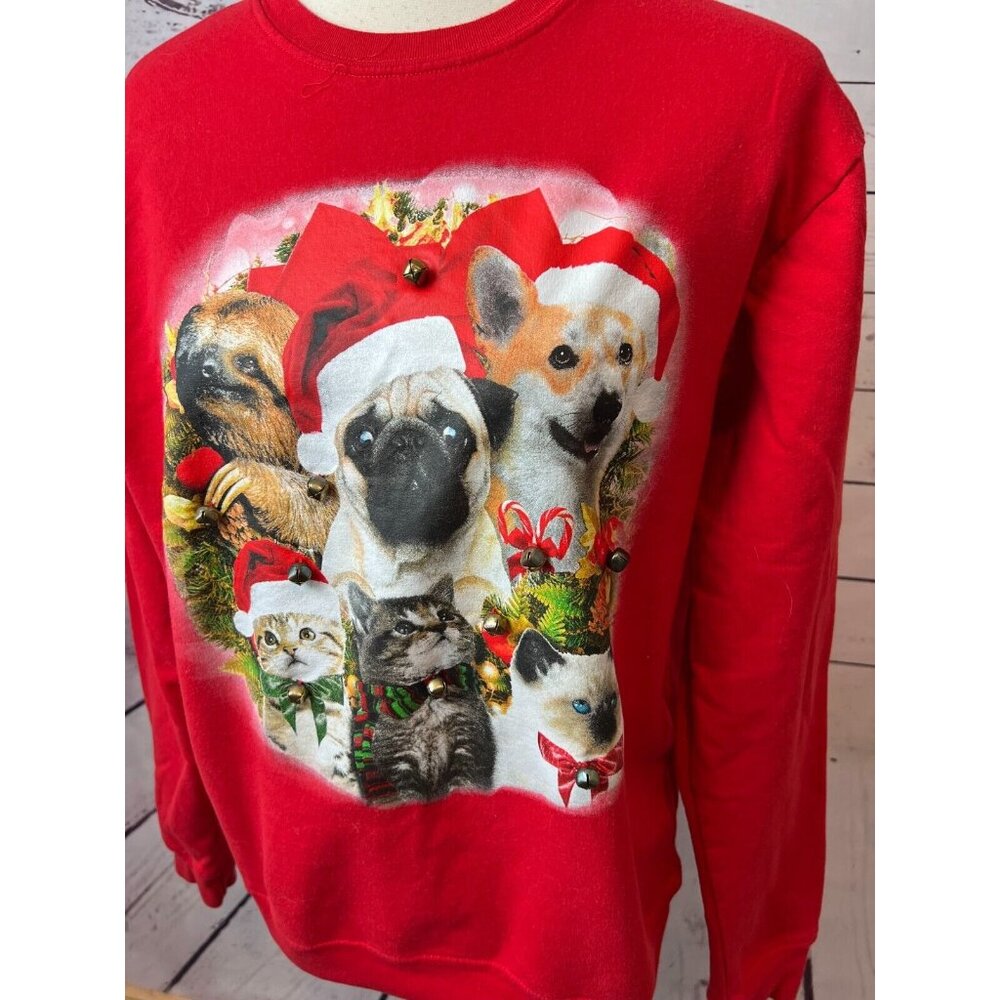 Ugly Christmas Sweater Dogs Cats Pug Dog Womens Sweatshirt Large Fifth Sun Bells